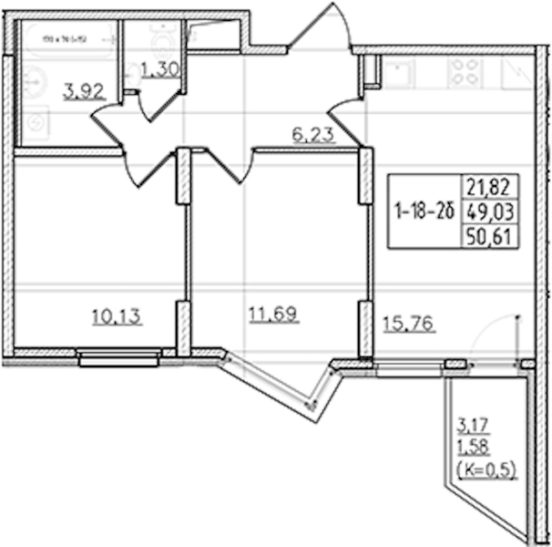 2-комнатная квартира 50.61 м², 18/19 эт., ЖК «Мурино Клаб»